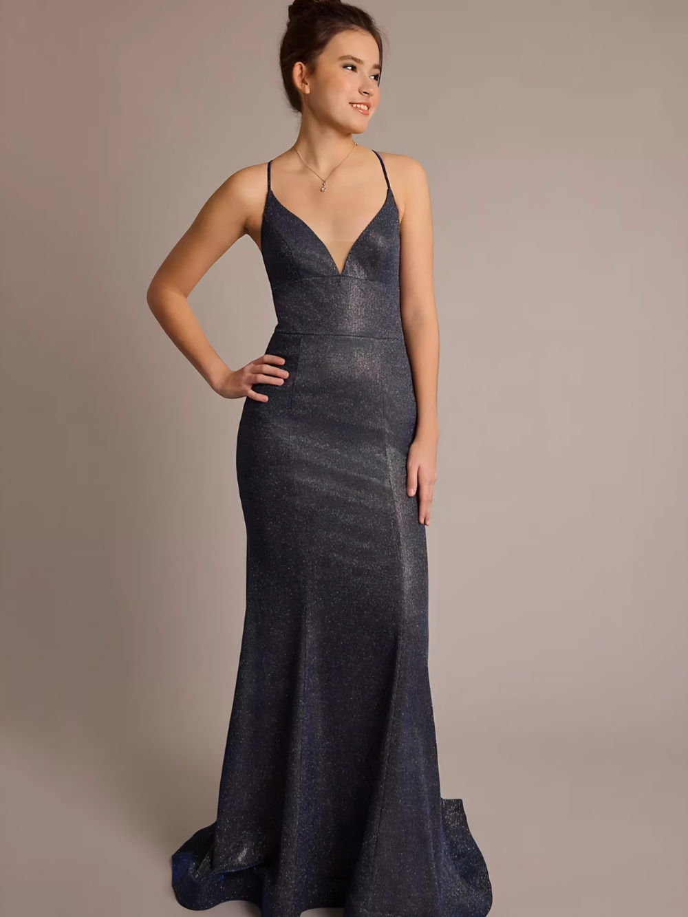 David's Bridal Blue Shimmer Plunge Spaghetti-Strap Gown